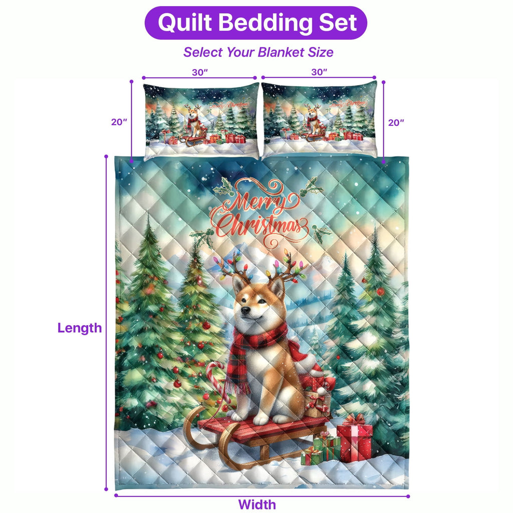 Merry Christmas Santa Reindeer Antlers French Bulldog Sleigh Xmas Winter Holiday Quilt Bedding Set Dog Lover Gifts 1 Blanket Bed Cover 2 Pillowcases - 00023