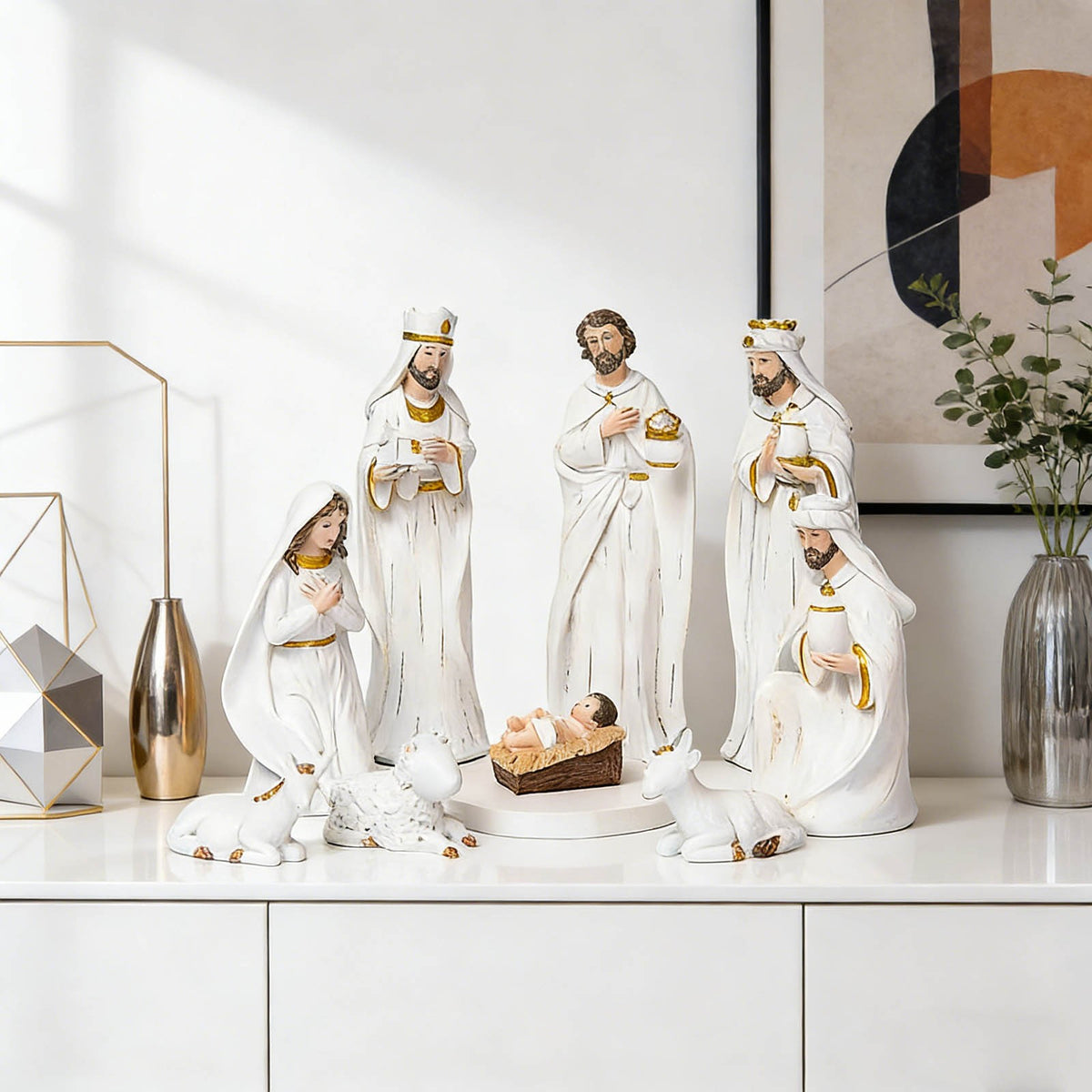 Easter Nativity Set 9-Piece Indoor, Hand-Painted Nativity Scene Decoration 7.5 Inch, Holiday Nativity Sets for Easter and Christmas, Traditional Nativity Scene with Hand-Painted Details