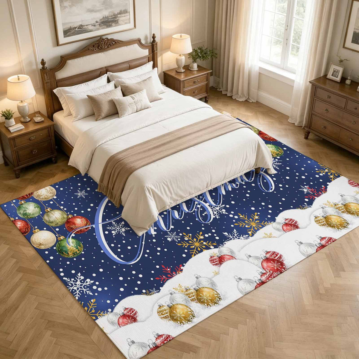 8x10 Area Rugs, Navy Blue Christmas Non-Skid Rubber Backing Large Rectangle Rugs - Living Room Bedroom Home Office, Xmas Snowflake Balls Snowy Sparkle Indoor Floor Mat Carpets Washable Rug