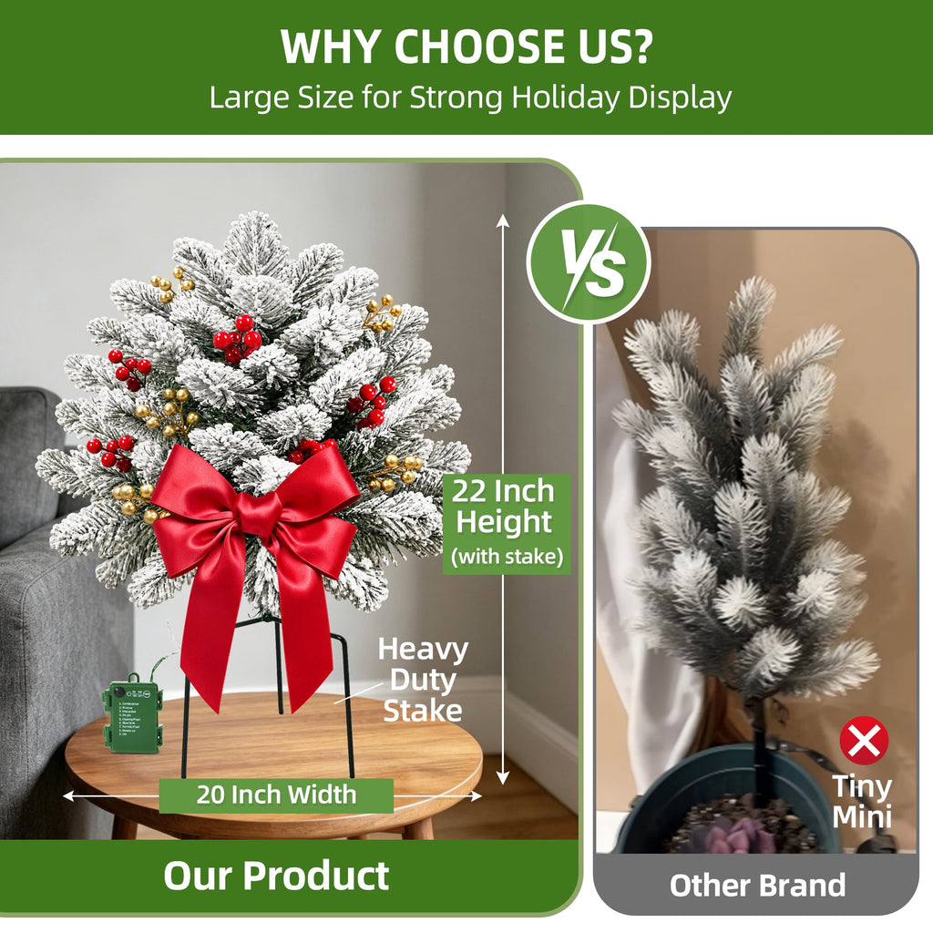 2PK Prelit Outdoor Christmas Trees Christmas Urn Pot Filler Snow Flocked Lighted Christmas Trees with 100 LED Warm White/Colorful Lights Timer 8 Modes for Front Door Porch Christmas Decoration