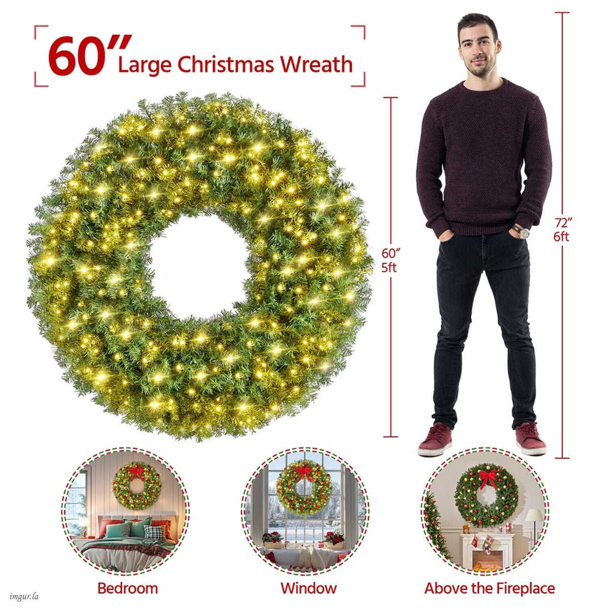 Alden Design 48in Pre-lit Fir Christmas Wreath for Door with 200 LED Lights & 720 Tips, Green