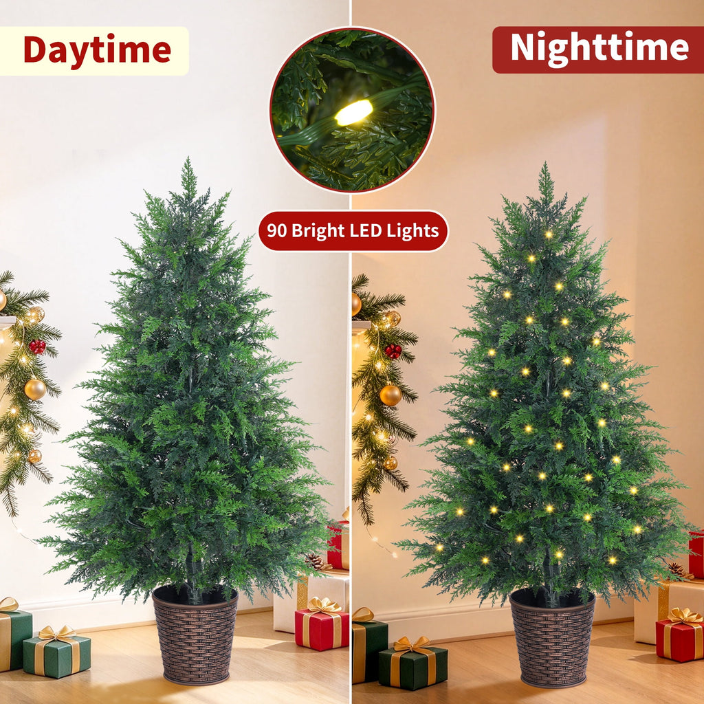 Firstness 4Ft Pre-Lit Potted Christmas Trees with 8 Lighting Modes, PE Cypress Artificial Tree for Porch Entryway Indoor Outdoor Decor