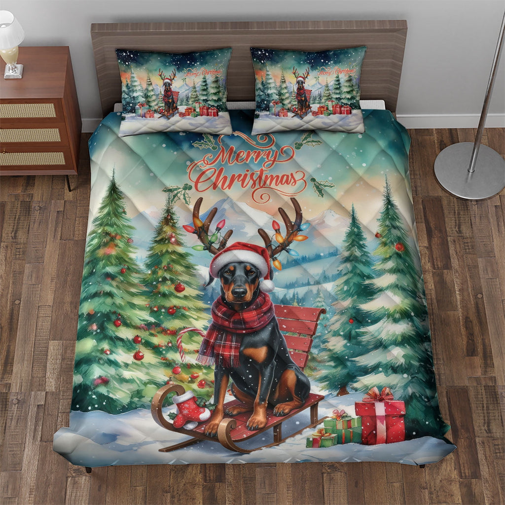 Merry Christmas Santa Reindeer Antlers French Bulldog Sleigh Xmas Winter Holiday Quilt Bedding Set Dog Lover Gifts 1 Blanket Bed Cover 2 Pillowcases - 00023