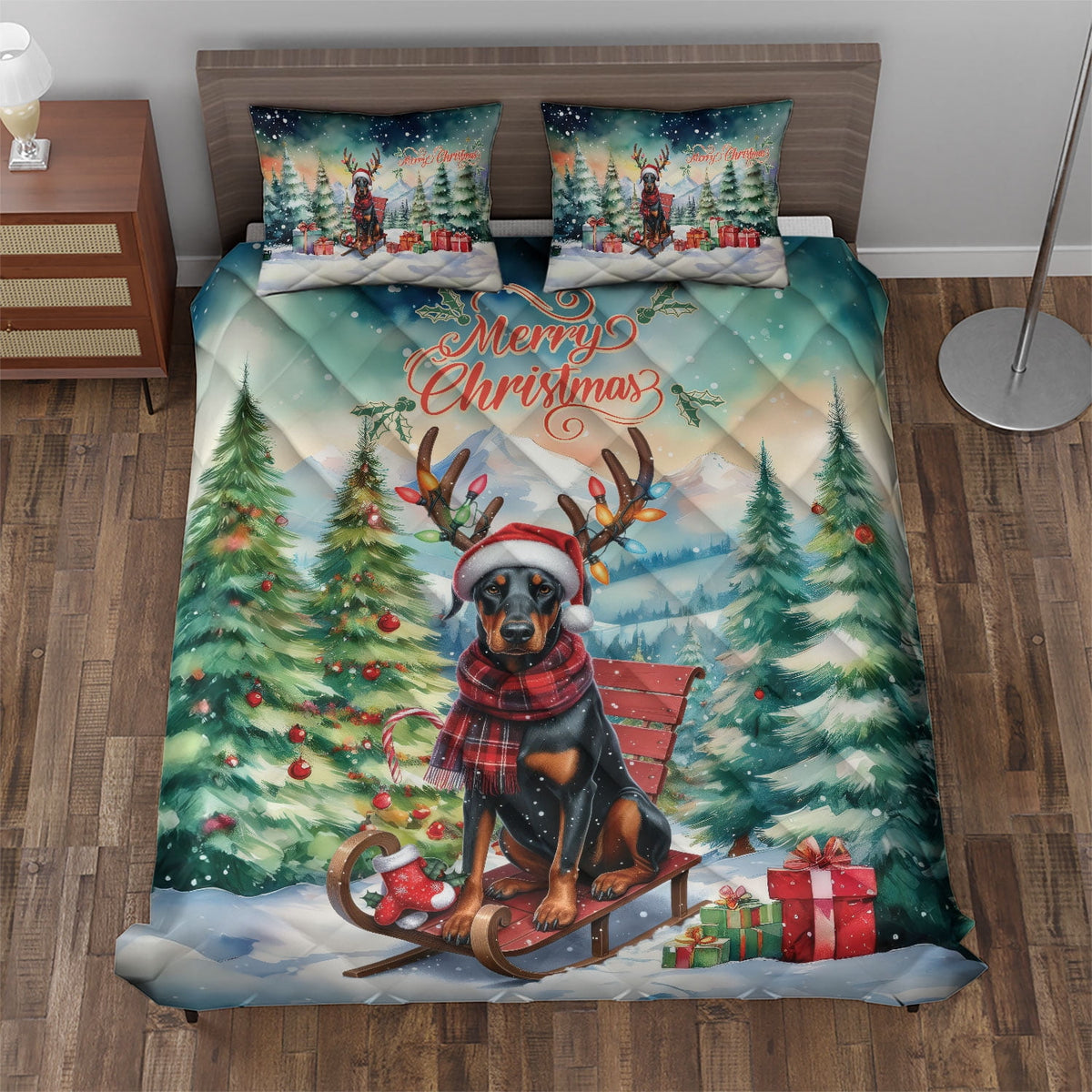 Merry Christmas Santa Reindeer Antlers French Bulldog Sleigh Xmas Winter Holiday Quilt Bedding Set Dog Lover Gifts 1 Blanket Bed Cover 2 Pillowcases - 00023