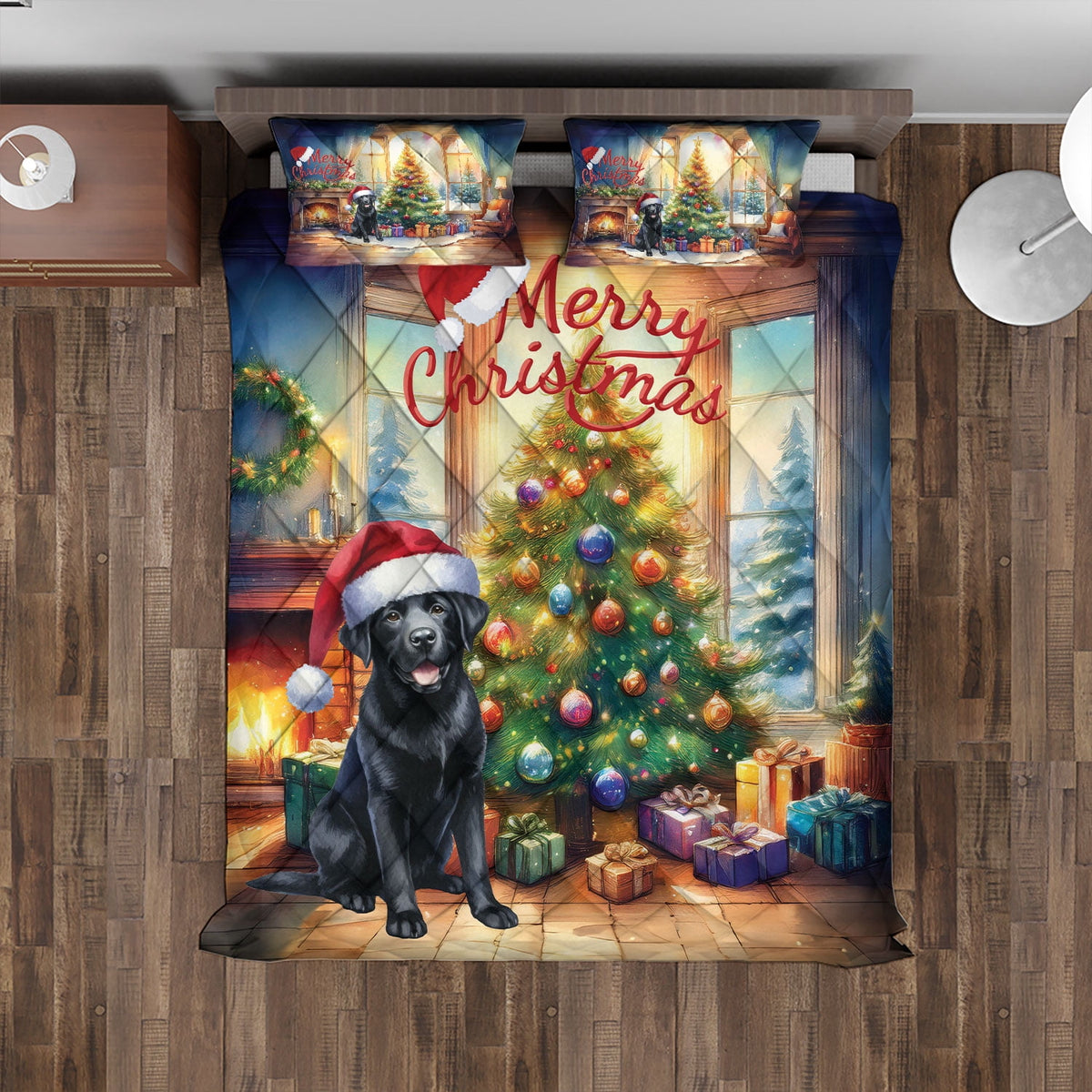 Merry Christmas French Bulldog Santa Hat Xmas Tree Winter Holiday Quilt Bedding Set Dog Lover Gifts 1 Blanket Bed Cover 2 Pillowcases - 01013