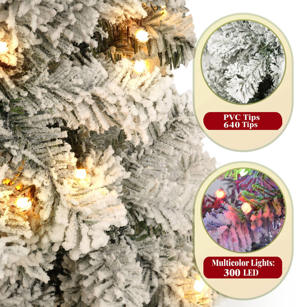 Goosiay 6ft Snow Flocked Pencil Christmas Tree, Pre-Lit Artificial Christmas Tree with 500 Tips, 250 Warm White & Multicolor Lights, 10 Modes, Slim Xmas Tree with Stand