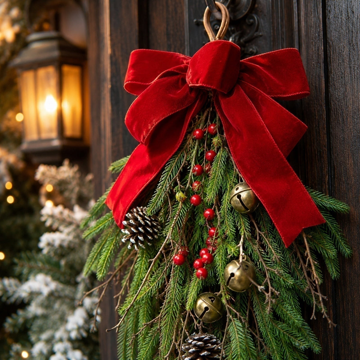 THOPBPRK Artificial Cedar Half Wreath for Front Door Christmas Decorations DIY Holiday with Bow Winter Hanging Ornament for Wall Window Home Decor, 23.6" A