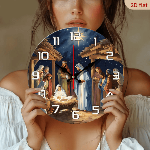 2D Flat 1pc 10Inch Wooden Wall Clock with Religious Nativity Scene Design Silent, Battery Operated (AA Not Included) Ideal for Home, Church, Office Decor Handcrafted Artistic Birthday Gift