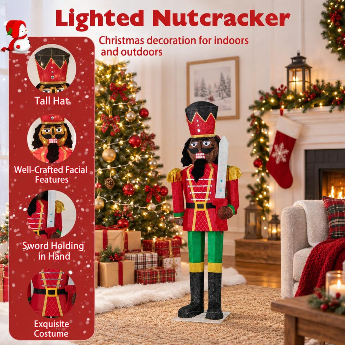 RUIE Lighted Christmas Nutcracker with Glitter Sword for Outdoor, 5 FT, Multi-color, 21.5" x 5 ft Overall, Metal Tinsel Construction