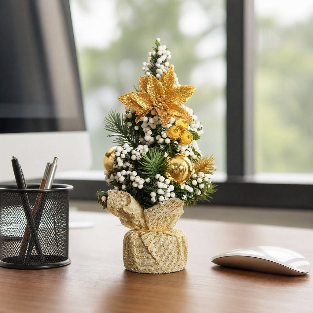 Surpdew Mini Christmas Tree Table Top Decorations- 9" Artificial Small Pine Trees with Burlap Base on Desktop, Shelves, Bedroom, Miniature Scenes Xmas for Home, Office, Party Decor
