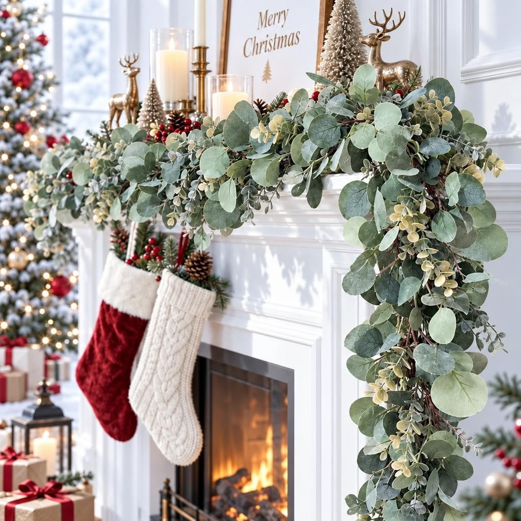 Scidweet Christmas Eucalyptus Garland, 2 Pcs 6.56 FT Artificial Greenery Garland Silver Dollar Leaves Boxwood Vines with White Buds for Home Wedding Party Table Mantle Xmas Decor