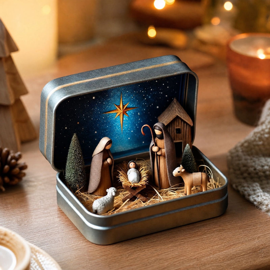 Daghihgewr Mini Christmas Nativity Set Tabletop Tin Box Multicolor Indoor Religious Ornament 1-Count 3.9 x 2.8 x 1.2 Inch
