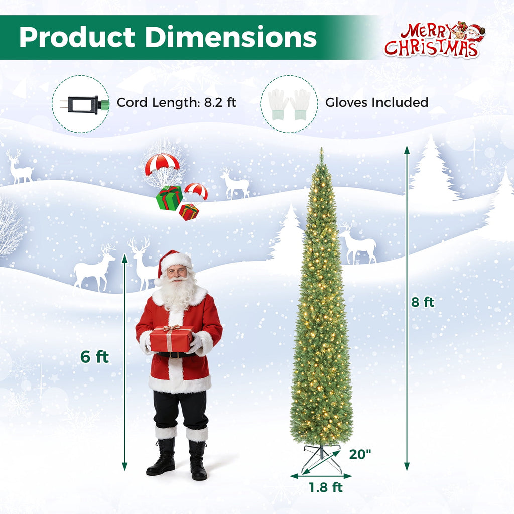 Gymax 9 FT Pre-Lit Artificial Christmas Tree Realistic Slim Pencil Xmas Tree