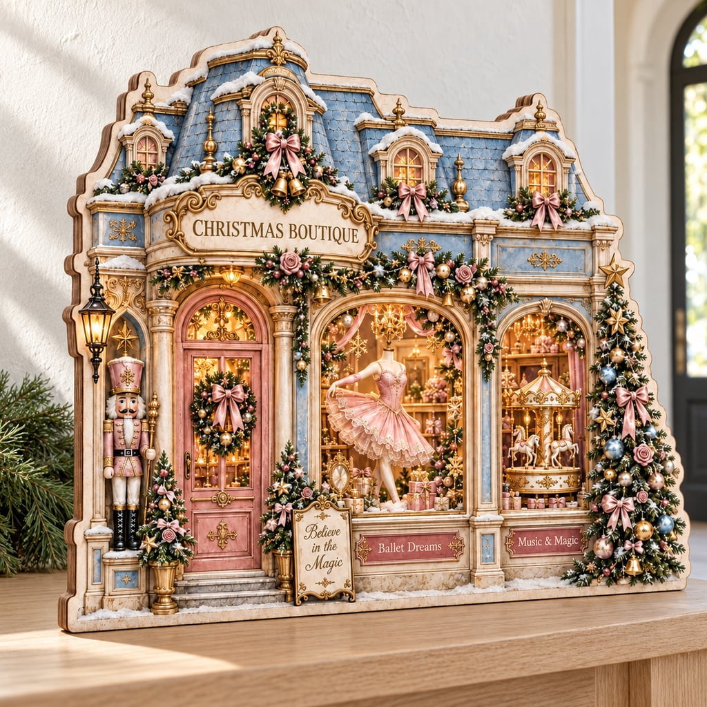 Shelf Sitter, Personalized Nutcracker Ballet Pink Holiday Village, Wood Mantel Decor for Christmas