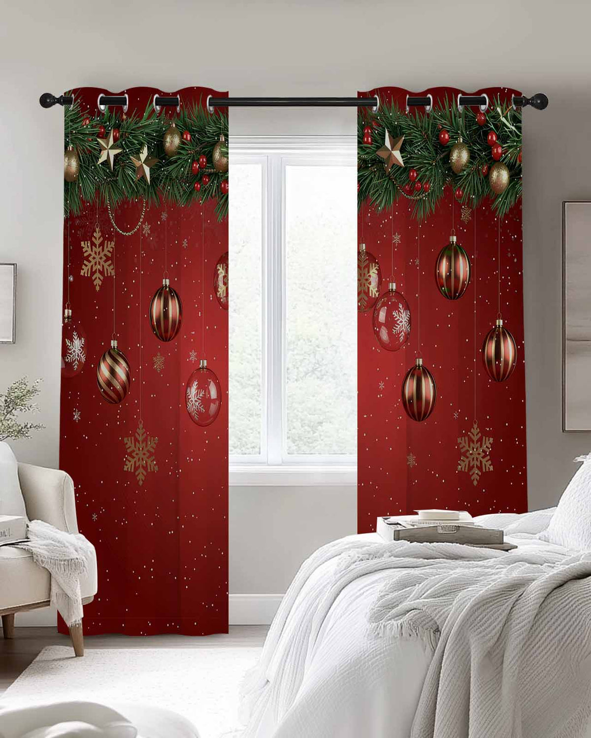 Christmas Blackout Curtains 84 Inches Long, Red Xmas Balls Pine Branches Snowflakes Winter Thermal Insulated Black Out Curtains, Darkening Window Curtain for Bedroom Living Room 52"x84" 2 Panels