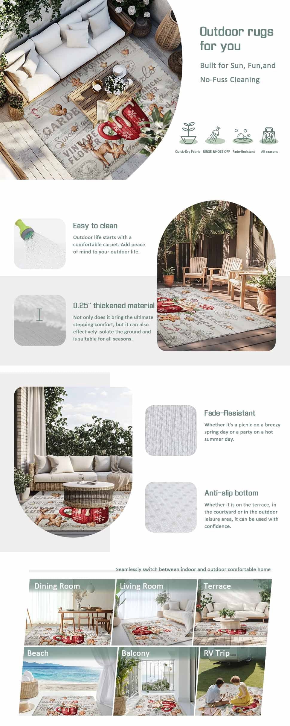 Christmas Outdoor Rug for Patio/Deck/Porch, Non-Slip Large Area Rug 6 x 9 Ft, Xmas Deer Ice Cream Cookies Candy Pine Needles Indoor Outdoor Rugs Washable Area Rugs, Camping Rug Carpet Runner