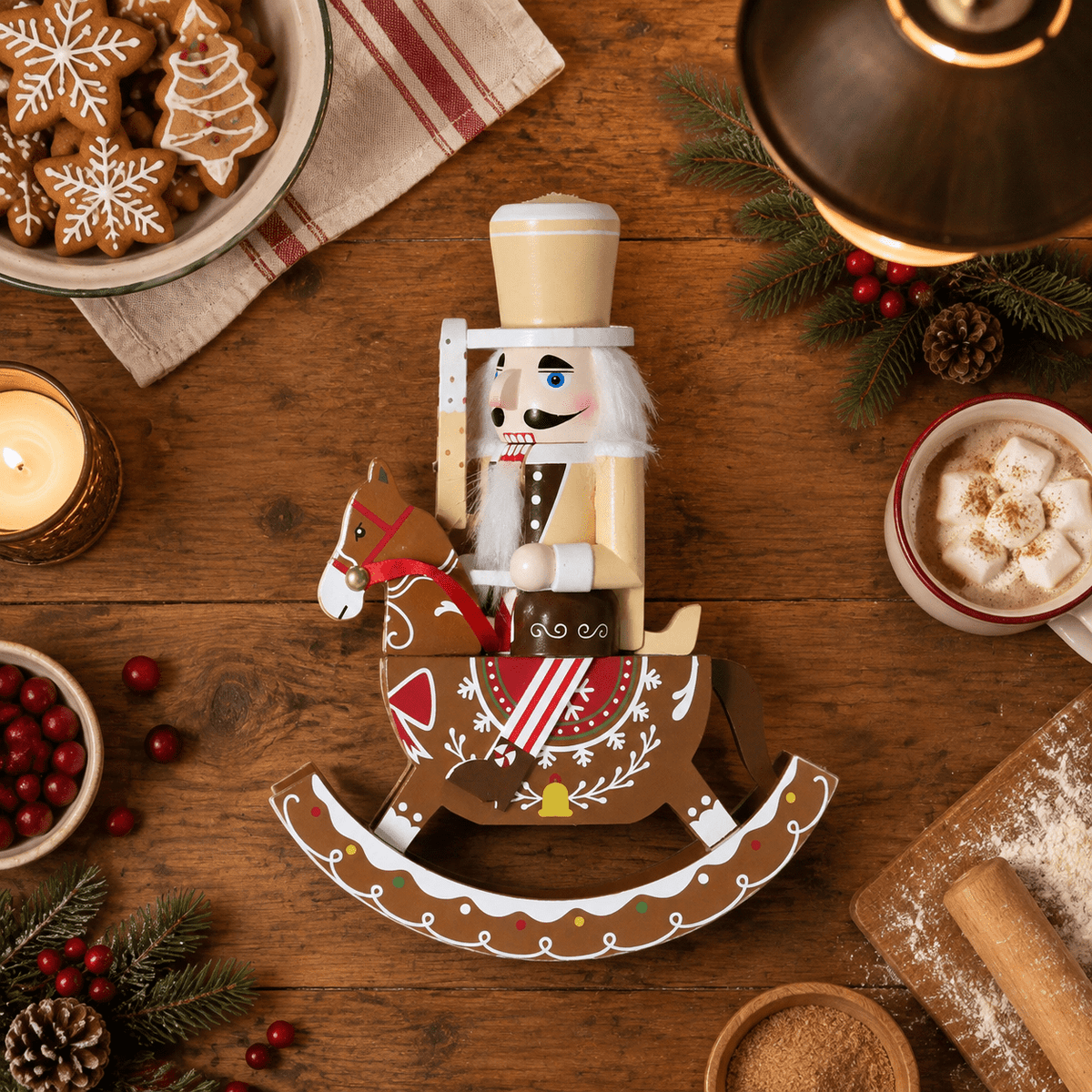 Gingerbread Wooden Nutcracker Rocking Horse Soldier Figurine 10 In Indoor Christmas Decor