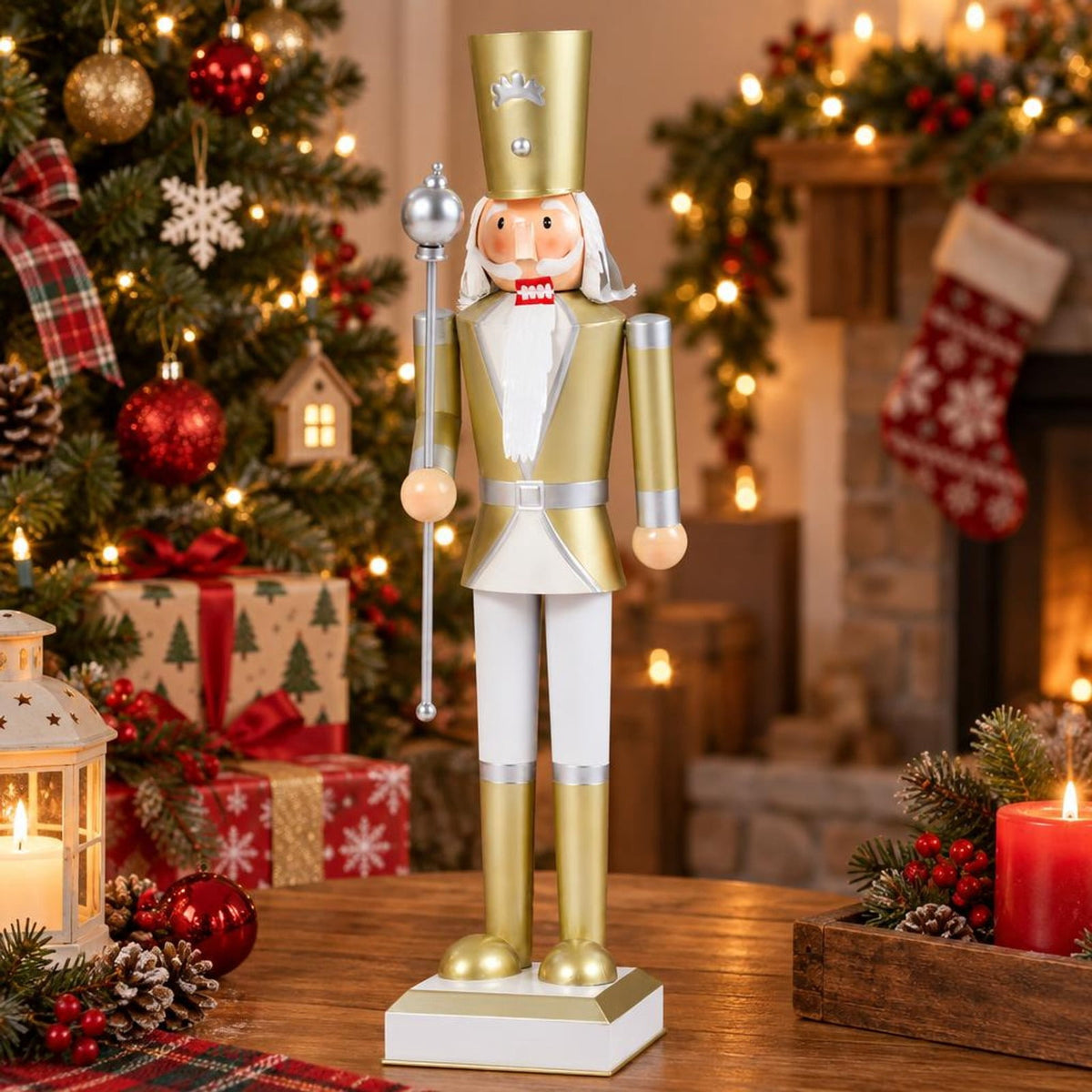 RUIE Christmas Nutcracker with High Hat and Beautiful Scepter-White & Golden, 32.5 Inch, White, 7.5" x 7.5" x 32.5" Overall, Metal Construction