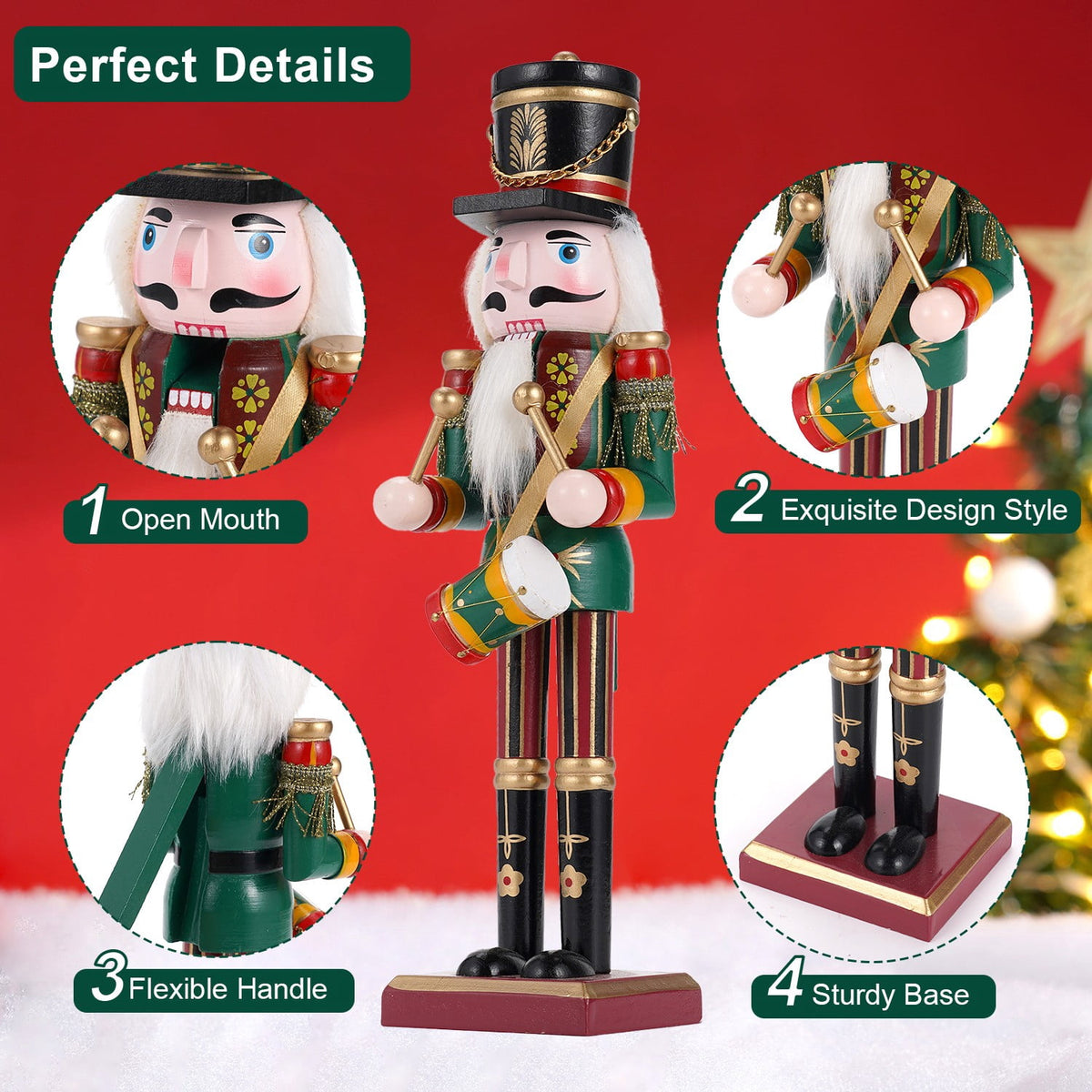 TJT 4Pc Nutcracker Decorations Set, Wooden Nutcracker Soldier Christmas Ornaments Collectible Festive Xmas Figures Decor Gift Indoor, 12'' Green Red