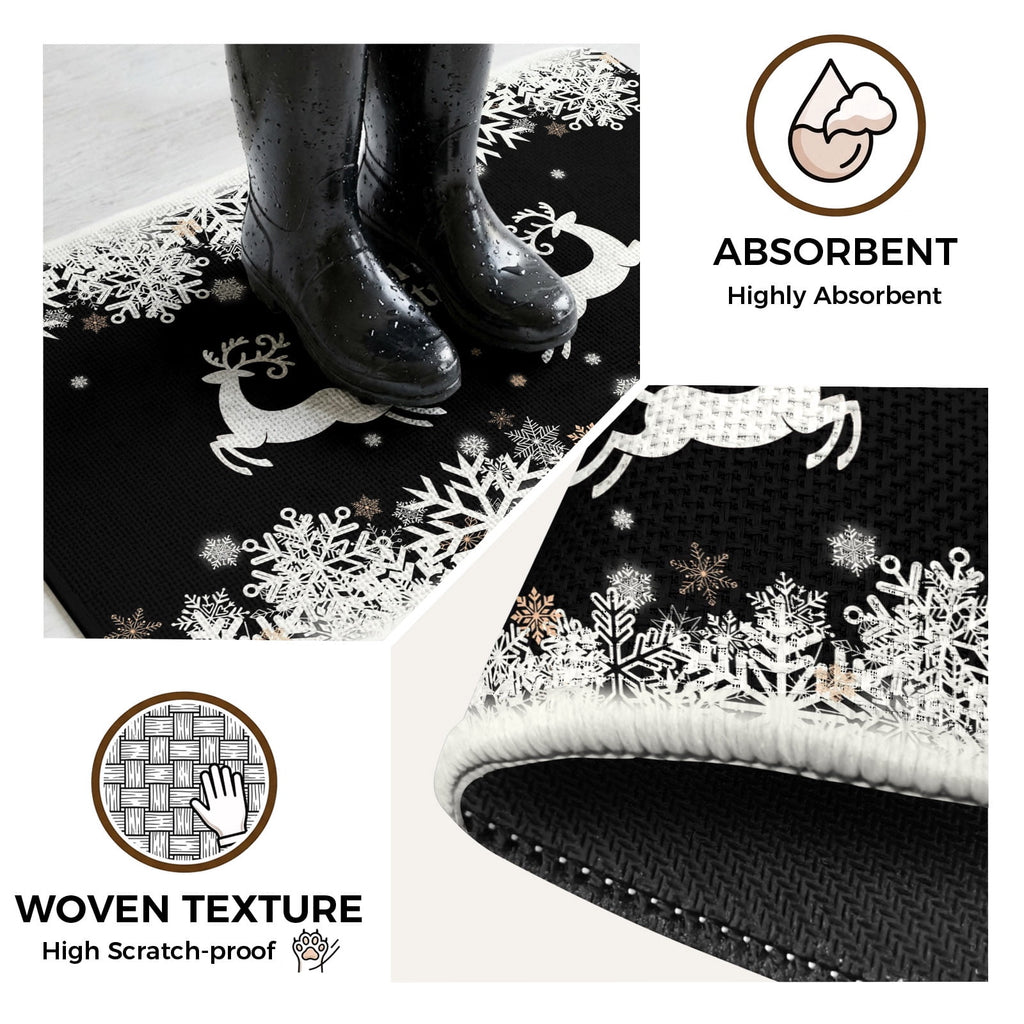 Black Christmas Washable Area Rugs for Living Room Bedroom, Large Non Slip Indoor Floor Carpet Absorbent Low Pile Elk Xmas Snowflake Winter Deer Door Mat Rugs for Bathroom Entryway 47.2"x63"