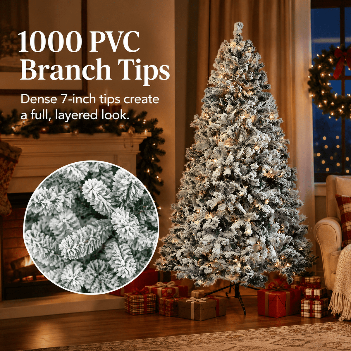 Alvantor 7 ft Pre-Lit Snow-Flocked Artificial Christmas Tree with 400 Warm and Cool White LED Lights, Remote Control and 1000 PVC Tips