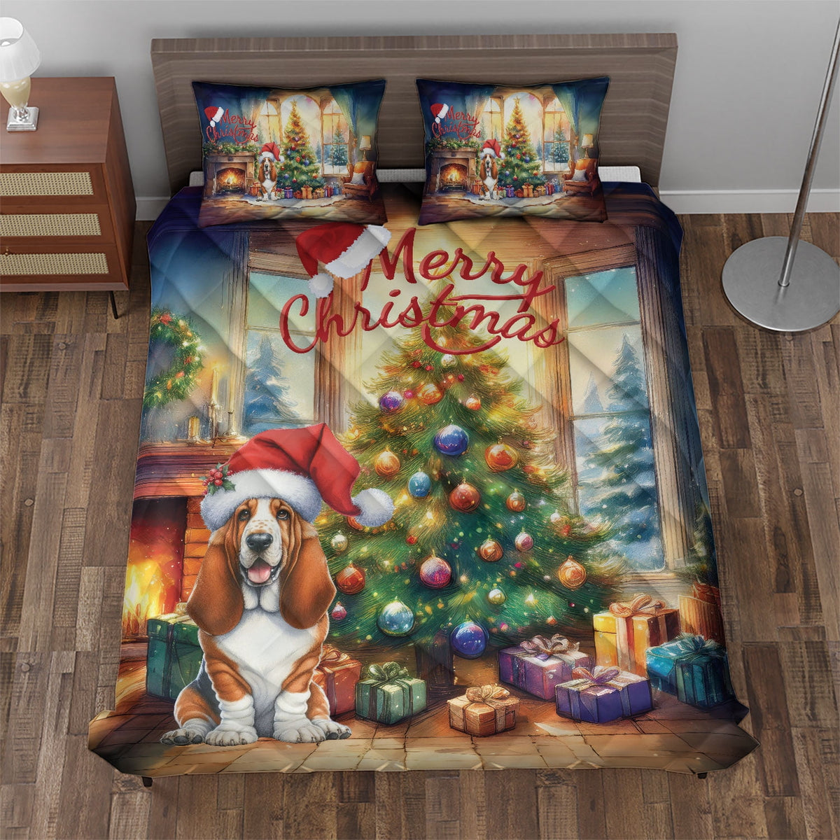 Merry Christmas French Bulldog Santa Hat Xmas Tree Winter Holiday Quilt Bedding Set Dog Lover Gifts 1 Blanket Bed Cover 2 Pillowcases - 01013