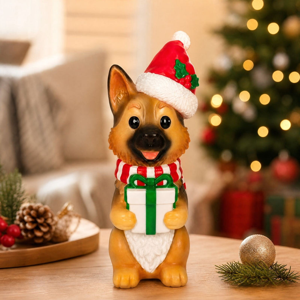 Luckky Lighted Christmas Dog Resin Statue, Santa Hat and Scarf Dog Figurine, 7.87 Inch, Multi-Color LED Lights, Indoor Outdoor Holiday Decor