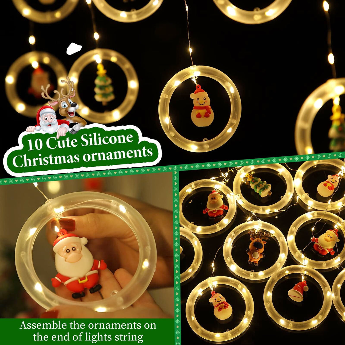 WILLED Christmas String Lights, 120 LED Window Curtain Lights with Christmas Ornaments, 9.8ft USB Powered Warm White Waterproof Fairy Lights Indoor Outdoor for Xmas Tree Patio Garden Party Home Decor