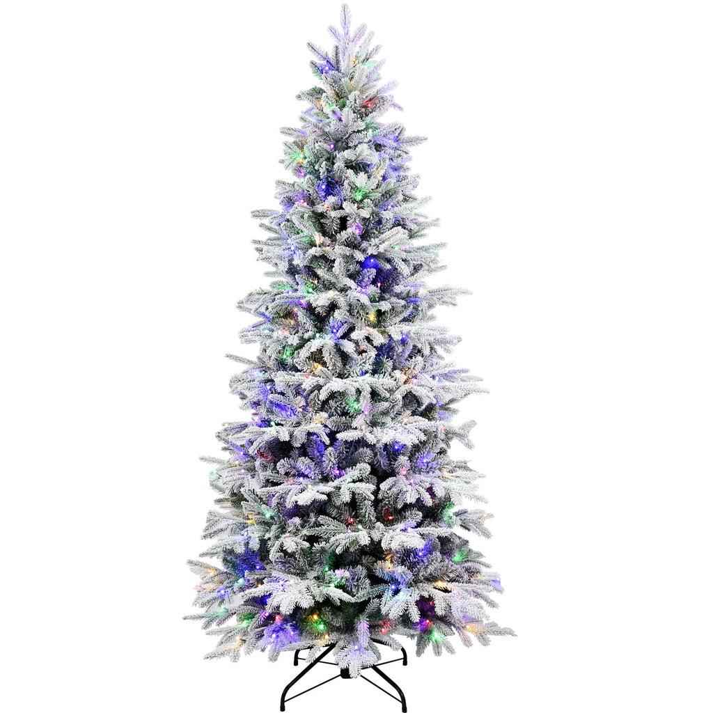 Makeatree 6 ft Prelit Snow Flocked Christmas Tree Frosted Artificial Xmas Tree with Multicolor Lights &1582PE PVC Tips, 9 Color Modes