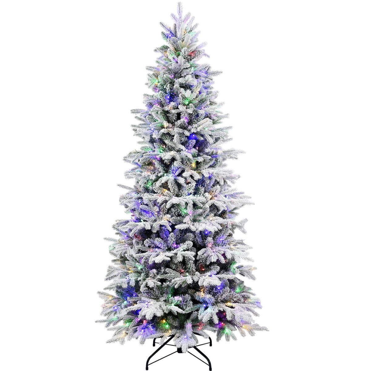 Makeatree 6 ft Prelit Snow Flocked Christmas Tree Frosted Artificial Xmas Tree with Multicolor Lights &1582PE PVC Tips, 9 Color Modes
