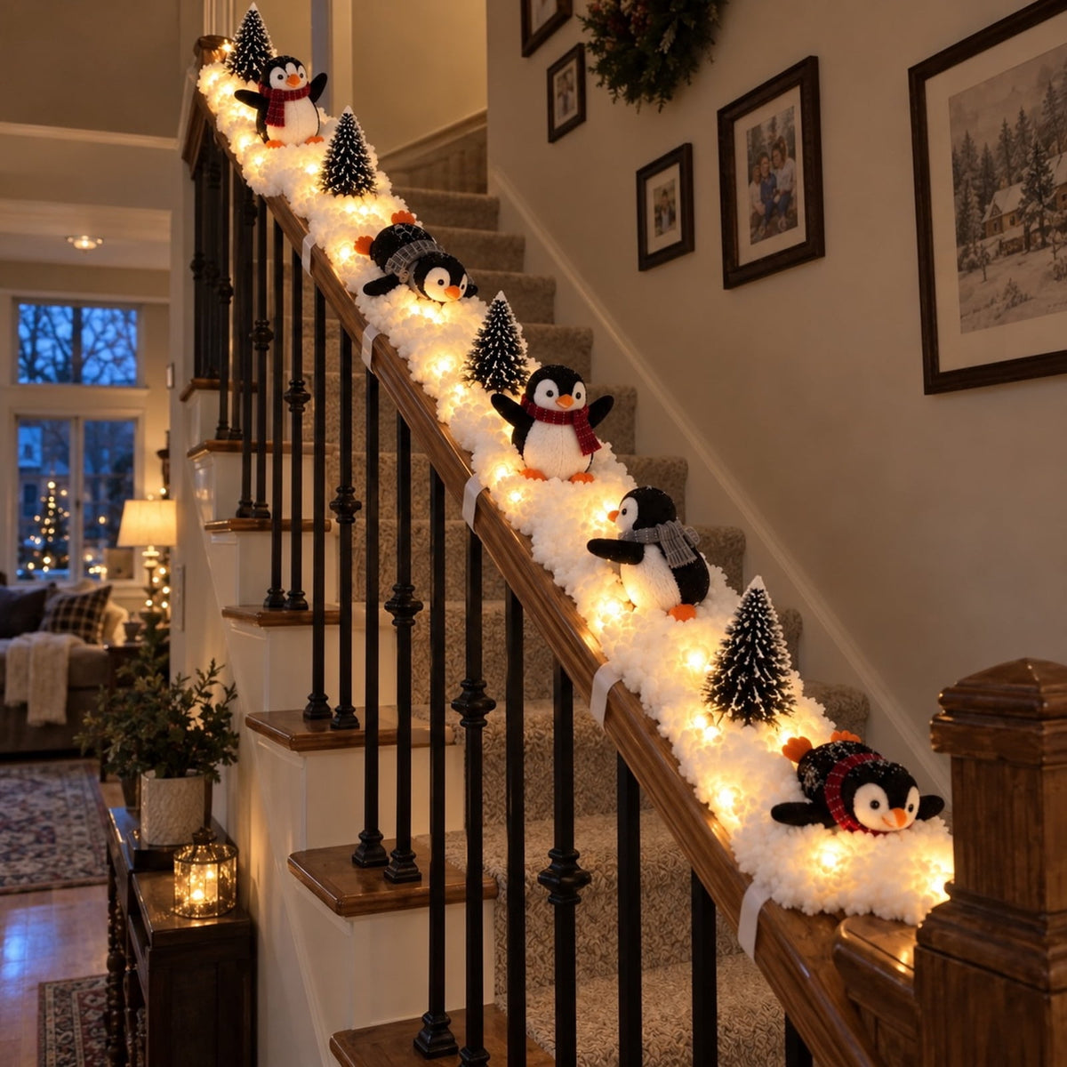 5Pack Penguin Christmas Stair Snow Decor Set,Festive Railing Accent with Playful Winter Scene,