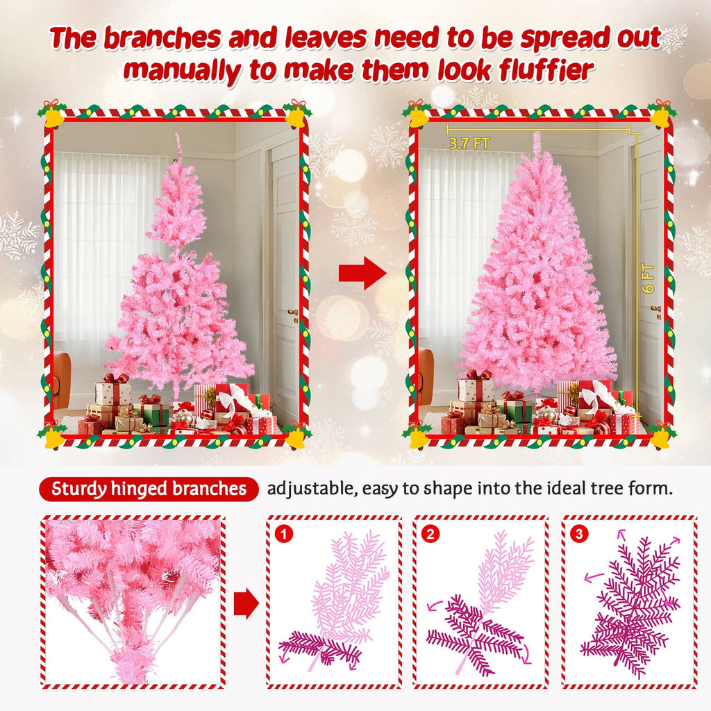 Funcid 6ft Pink Artificial Christmas Tree, Hinged Spruce Full Tree with 1477 Branch Tips, Foldable Metal Stand, New PVC Material, Xmas Tree for Indoor and Outdoor Decoration