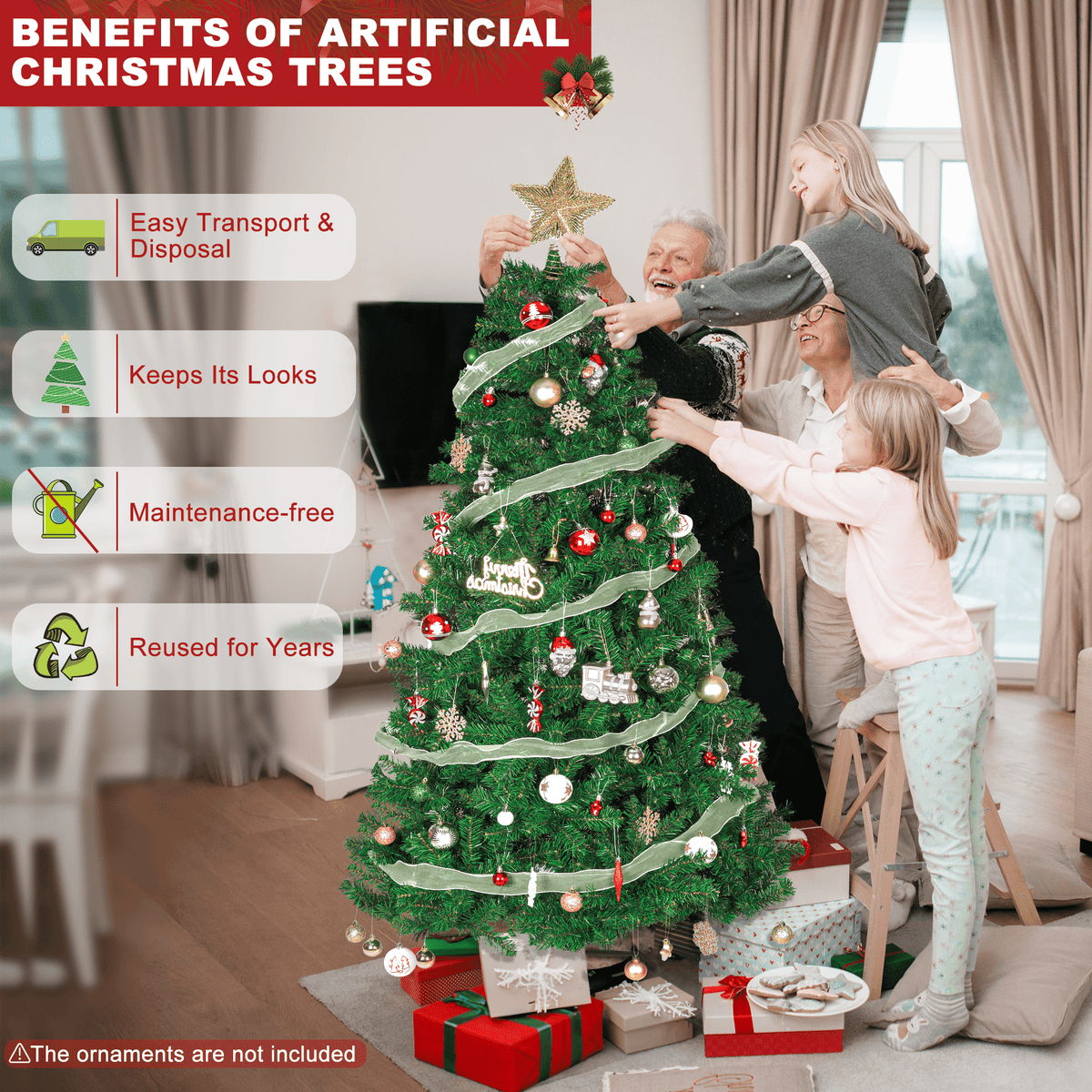 GIKPAL 6FT Artificial Christmas Tree W/ 800 Tips, Holiday Xmas Tree for Indoor Outdoor Decor, Fir Christmas Tree with Metal Base - Green