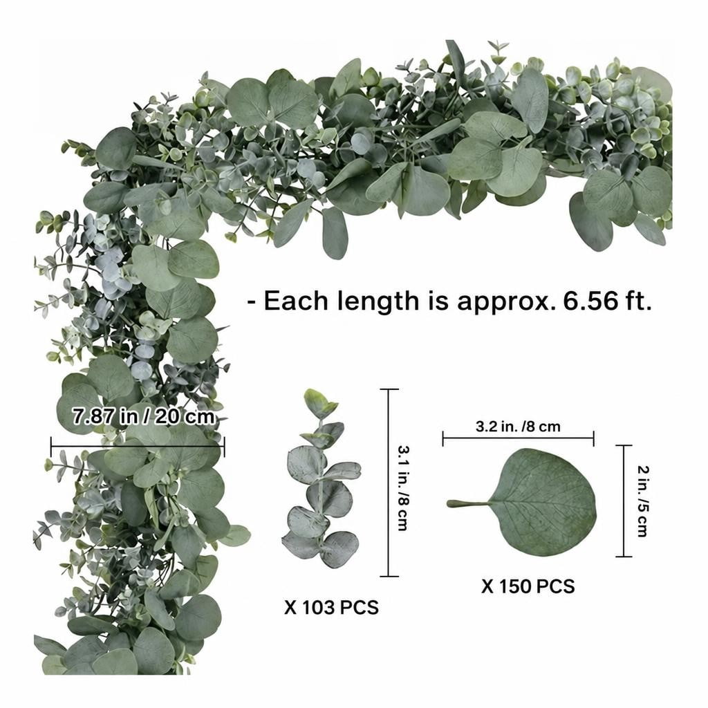 Scidweet Christmas Eucalyptus Garland, 2 Pcs 6.56 FT Artificial Greenery Garland Silver Dollar Leaves Boxwood Vines with White Buds for Home Wedding Party Table Mantle Xmas Decor
