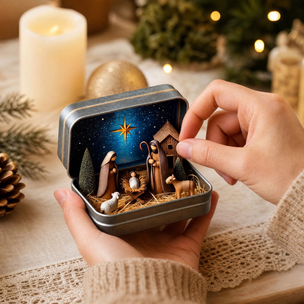 Daghihgewr Mini Christmas Nativity Set Tabletop Tin Box Multicolor Indoor Religious Ornament 1-Count 3.9 x 2.8 x 1.2 Inch