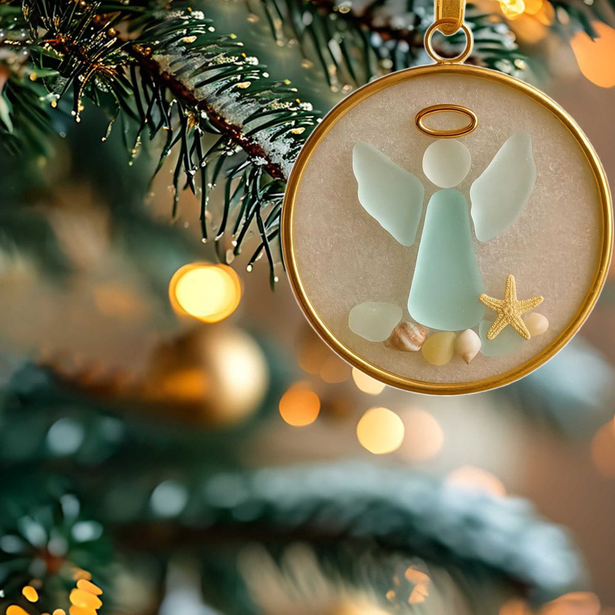 DAMAI Sea Glass Nativity Christmas Ornament,Hanging Sea Glass Nativity Christmas Tree Decoration,Coastal Inspired Sea Glass Nativity Ornament,Handmade Nativity Scene, with Shells and Starfish