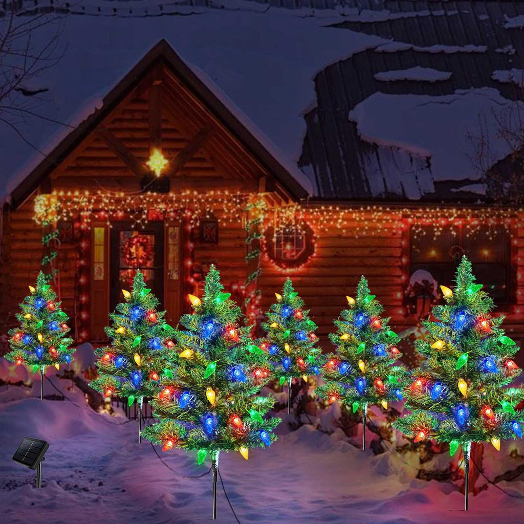 COCOBELA 4 Set Solar Christmas Tree 80pcs Multicolor LED Christmas Lights for Outdoor Christmas Decorations,Solar Powered Prelit Small Christmas Tree for Outside Pathway Garden Yard Decor