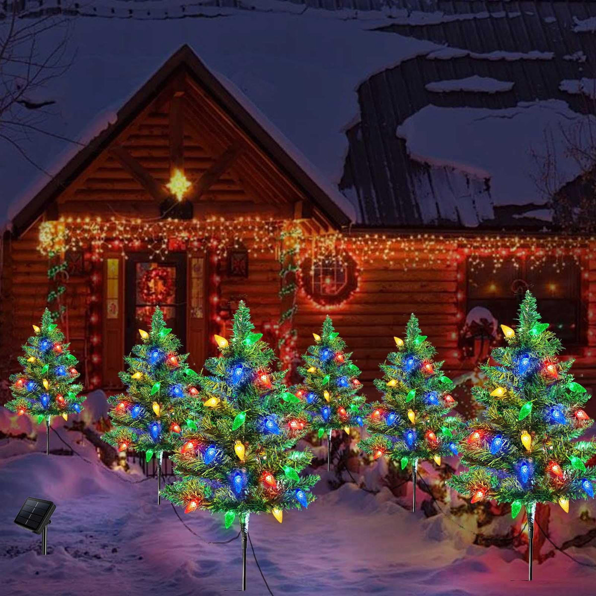 COCOBELA 4 Set Solar Christmas Tree 80pcs Multicolor LED Christmas Lights for Outdoor Christmas Decorations,Solar Powered Prelit Small Christmas Tree for Outside Pathway Garden Yard Decor