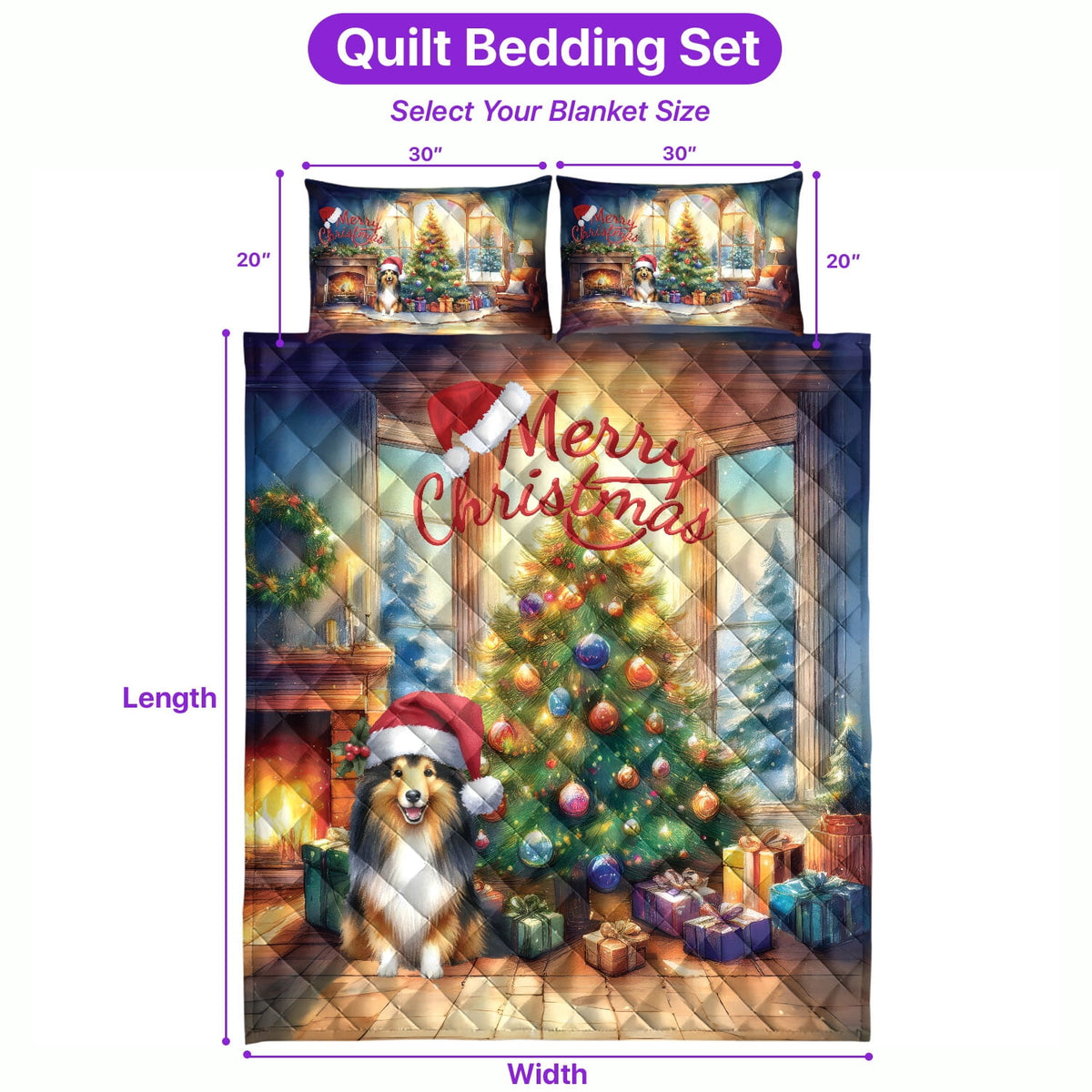 Merry Christmas French Bulldog Santa Hat Xmas Tree Winter Holiday Quilt Bedding Set Dog Lover Gifts 1 Blanket Bed Cover 2 Pillowcases - 01013