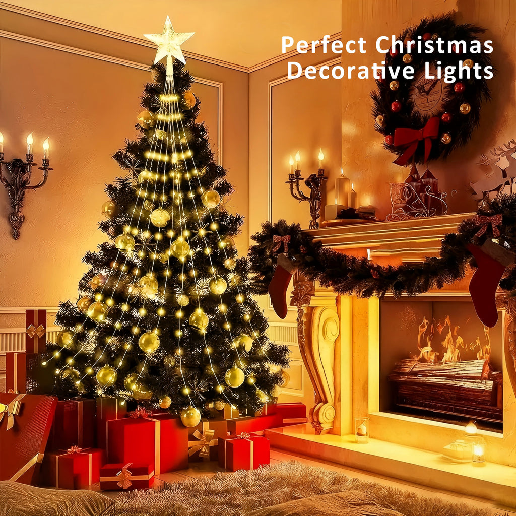 PMMIPNW Christmas Tree Lights Plug in 180LED, 8 Modes Christmas String Light with Topper Star, Waterfall Xmas Tree Lights with Timer for 6ft - 8ft Tree Wall Decoration (Multicolor)