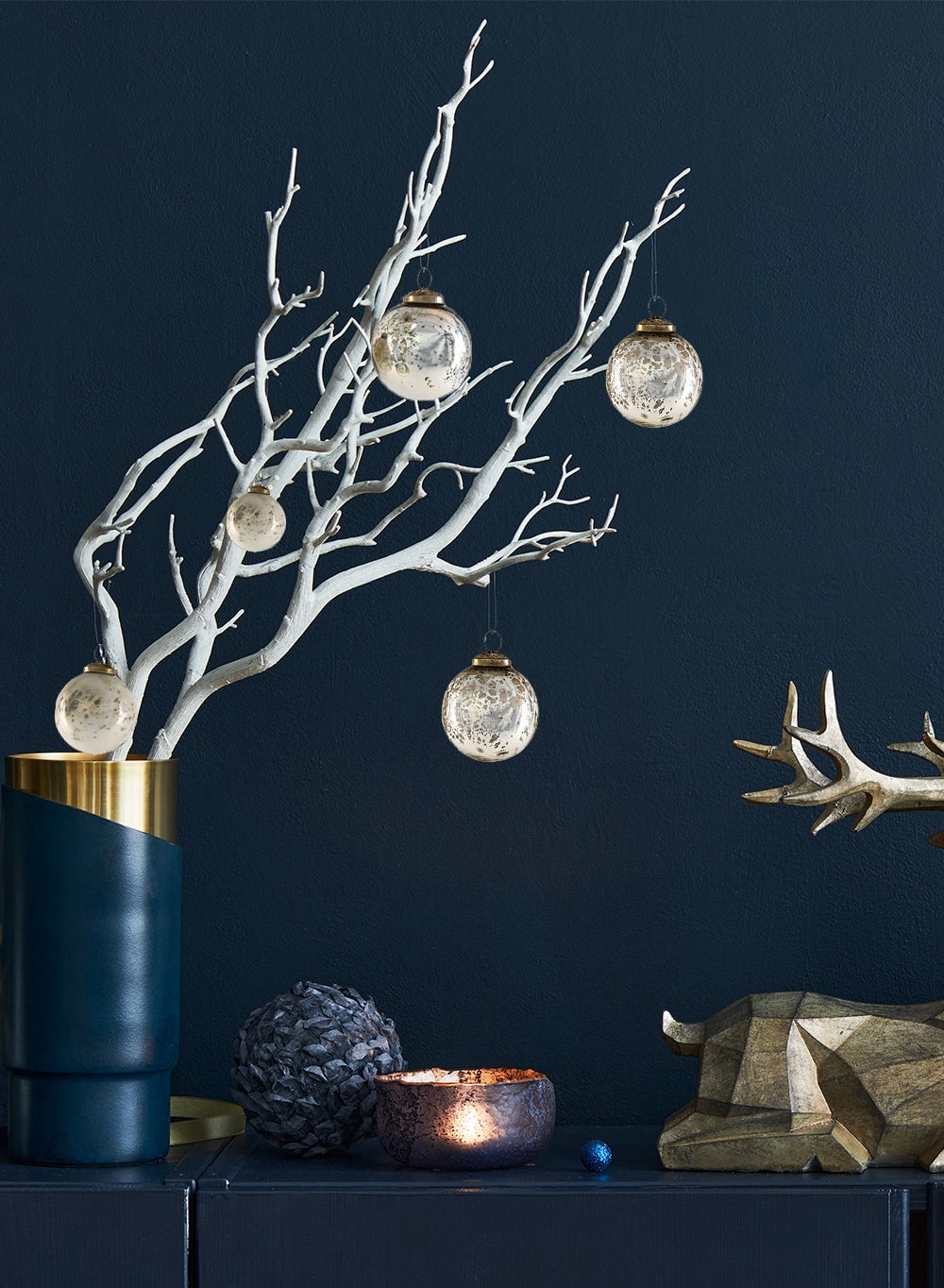 Serene Spaces Living Vintage Style Gold, Blue & Silver Glass Ball Ornaments, Set of 12