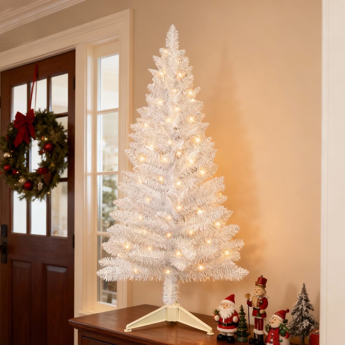 Bringstar 4FT Silver Artificial Christmas Tree with 50 String Lights, Mini Tinsel Tree, Not Pre-Lit, for Halloween & Holiday Home & Office Décor