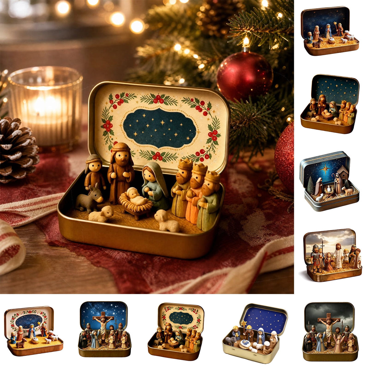 Daghihgewr Mini Christmas Nativity Set Tabletop Tin Box Multicolor Indoor Religious Ornament 1-Count 3.9 x 2.8 x 1.2 Inch