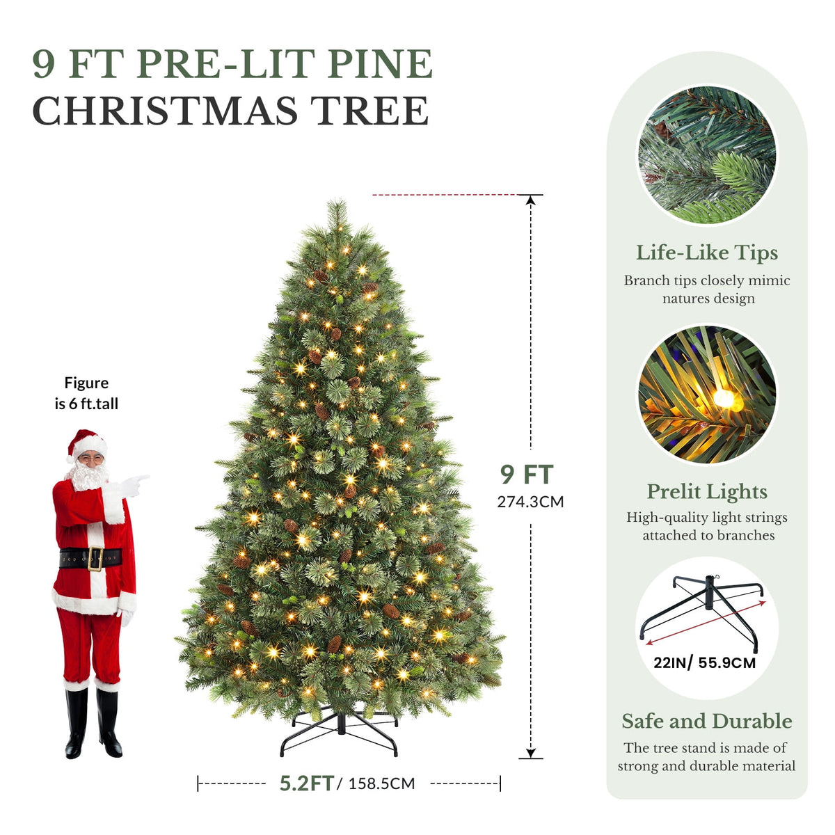 Lolsea 5.5ft Prelit PE Pine Artificial Christmas Tree with Lifelike Needles & Pine Cones, Remote Control, Warm White & Multi‑Color LED Lights