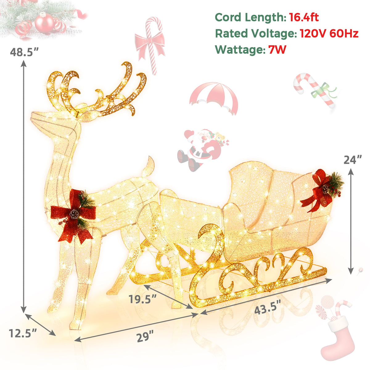 Costway 6 FT Christmas Lighted Reindeer & Santa's Sleigh W/ 215 LED Lights & 4 Stakes Gold