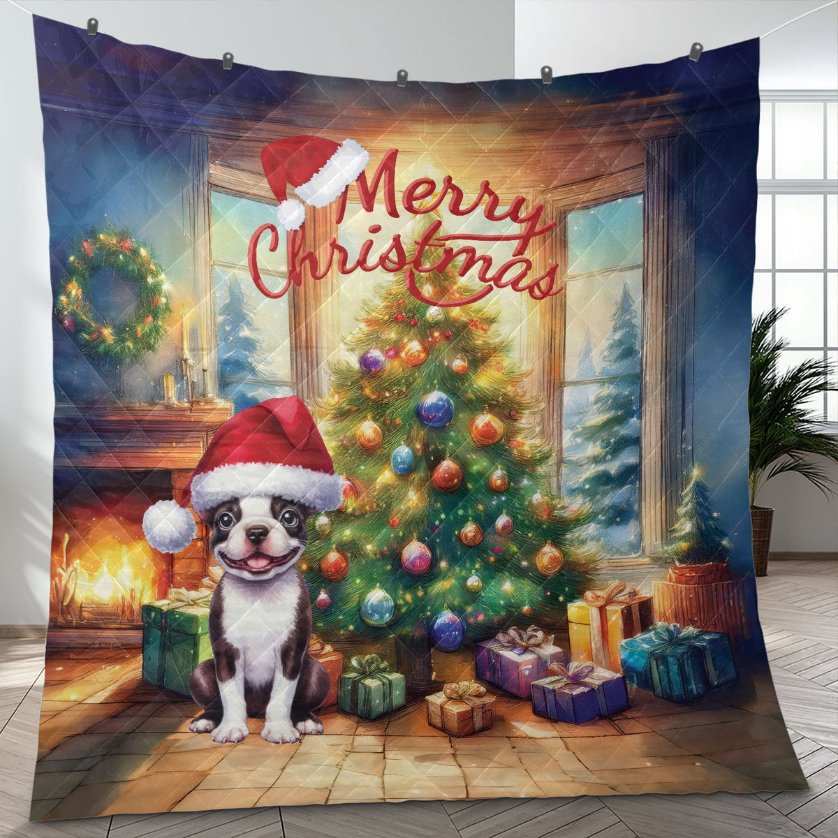 Merry Christmas French Bulldog Santa Hat Xmas Tree Winter Holiday Quilt Bedding Set Dog Lover Gifts 1 Blanket Bed Cover 2 Pillowcases - 01013