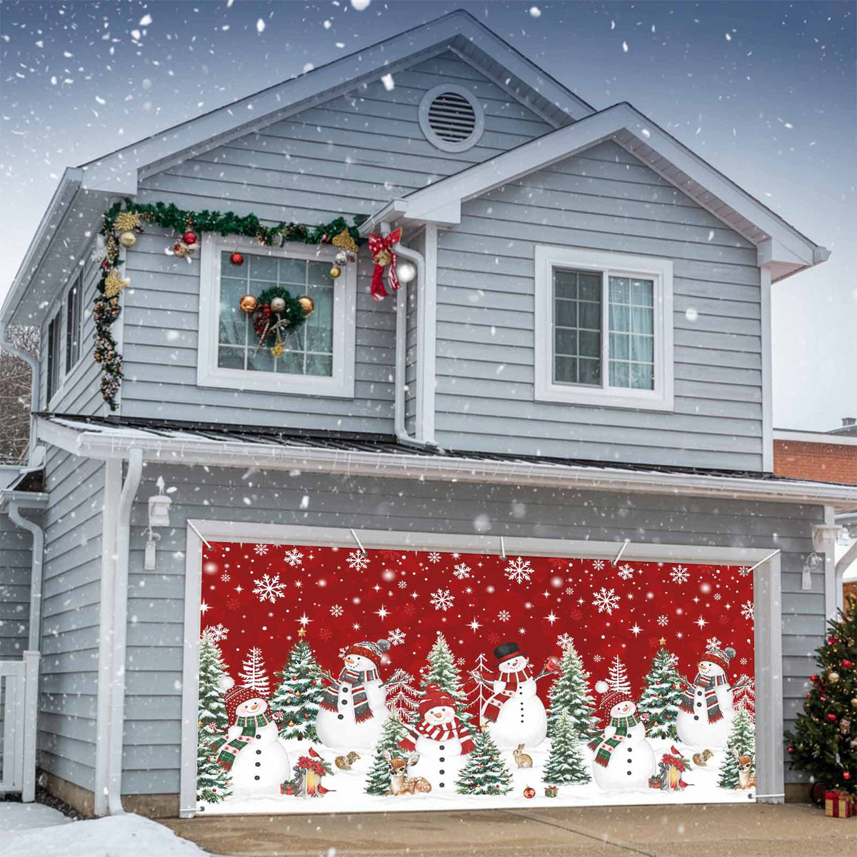 Fsddascl 7 x 16 Ft Christmas Garage Door Cover, Black Christmas Tree Large Garage Door Banner, Xmas Snowflake Green Golden Hanging Garage Mural Background for Indoor Outdoor Xmas Party Supplies