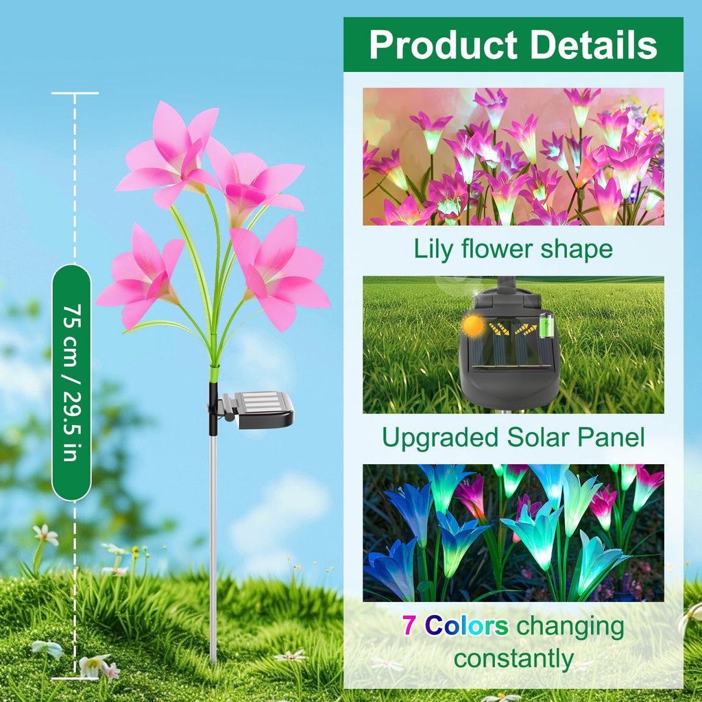 Solar Garden Lights Outdoor Decor, Lily Flower Garden Stake Lights Waterproof, 4 PCS LED Solar Lights Solar Powered for Outside Patio Garden Pathway Yard Decoration, Color Changing