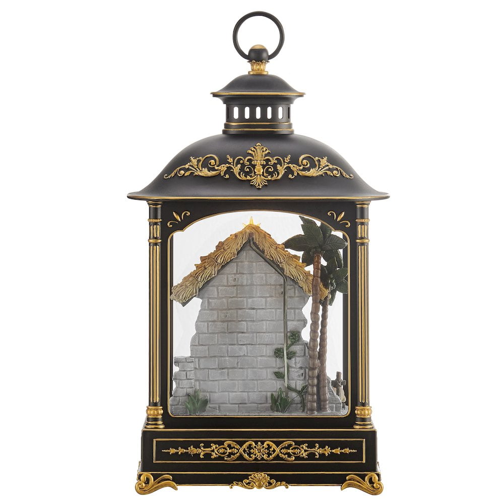 Danya B. Tabletop Antique Black and Gold Ornate Christmas Nativity Scene Diorama Lighted Lantern Decoration