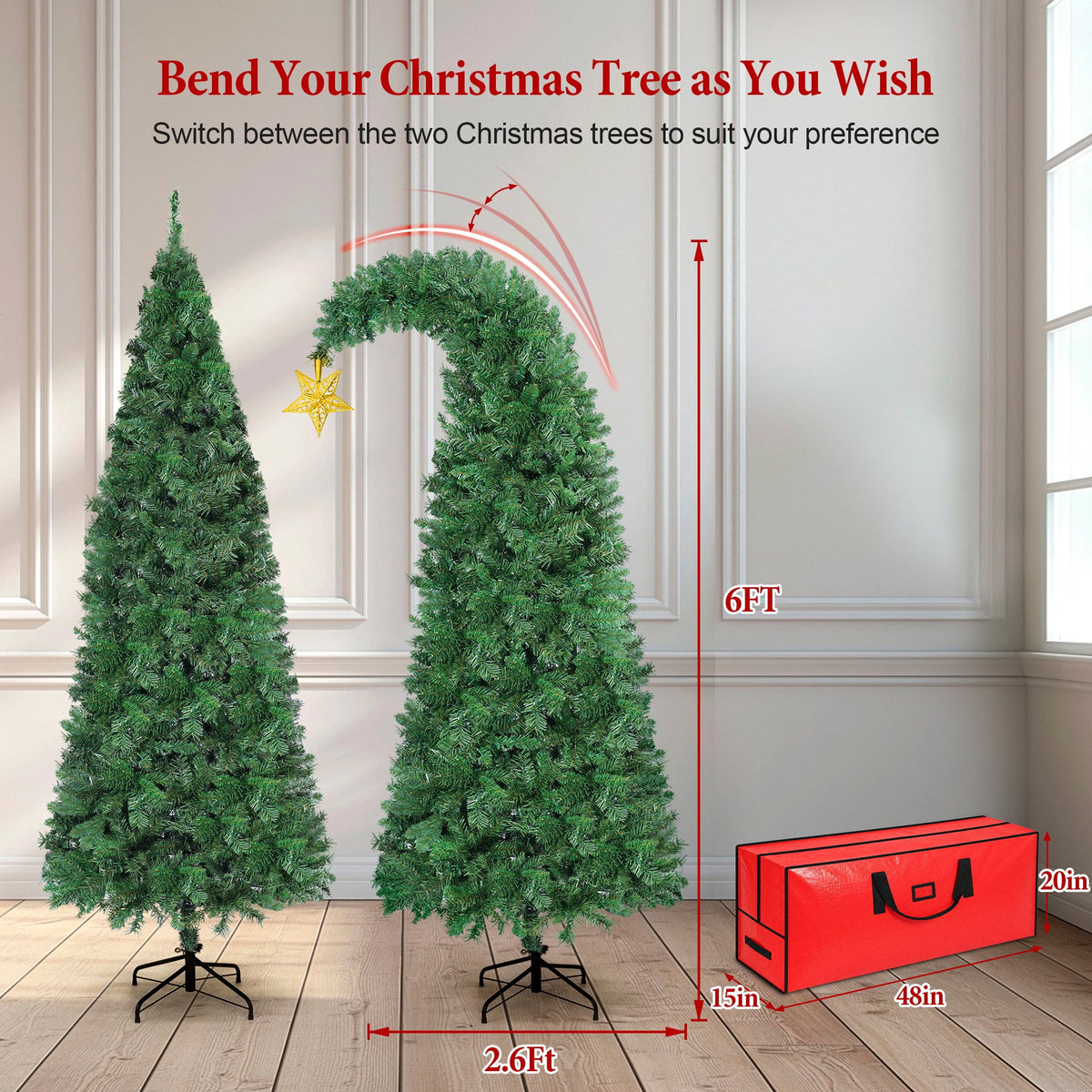 Firstness 6Ft Christmas Tree Crooked Neck, Prelit Artificial Xmas Tree with 250 Colorful Lights & 11 Modes, 825 Branch Tips, Storage Bag, PVC Bendable Top Christmas Tree